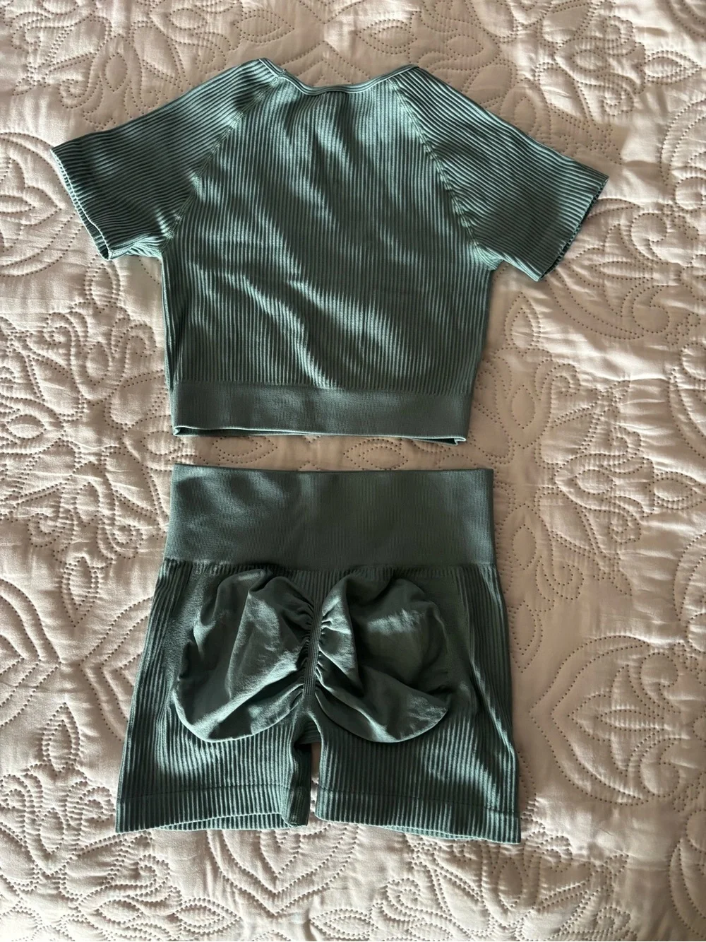Activewear Ribbed Crop Top and High-Waist Shorts Set - Sage Green